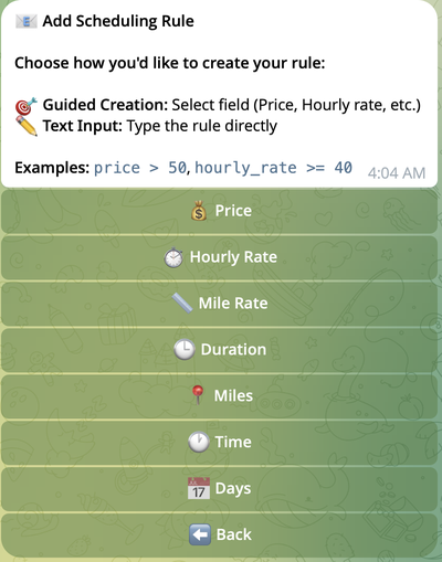 Add Scheduling Rule screen Add Scheduling Rule initial screen with field selection options