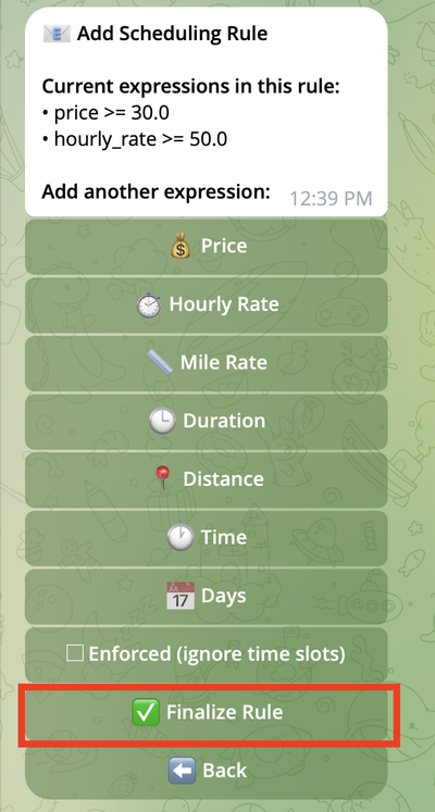 Finalize Rule button Finalize Rule button