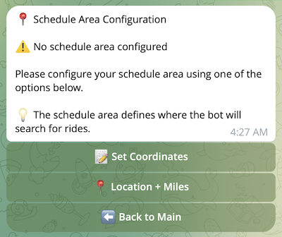 Main Schedule Area Configuration screen showing current area details and button options Main Schedule Area Configuration screen showing current area details and button options