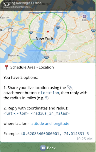 Location + Miles screen with animated GIF showing how to share location and enter radius Location + Miles screen with animated GIF showing how to share location and enter radius