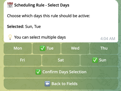 Days selection dialog Days selection dialog with day checkboxes