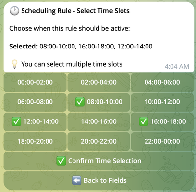 Time selection dialog Time selection dialog with hourly checkboxes